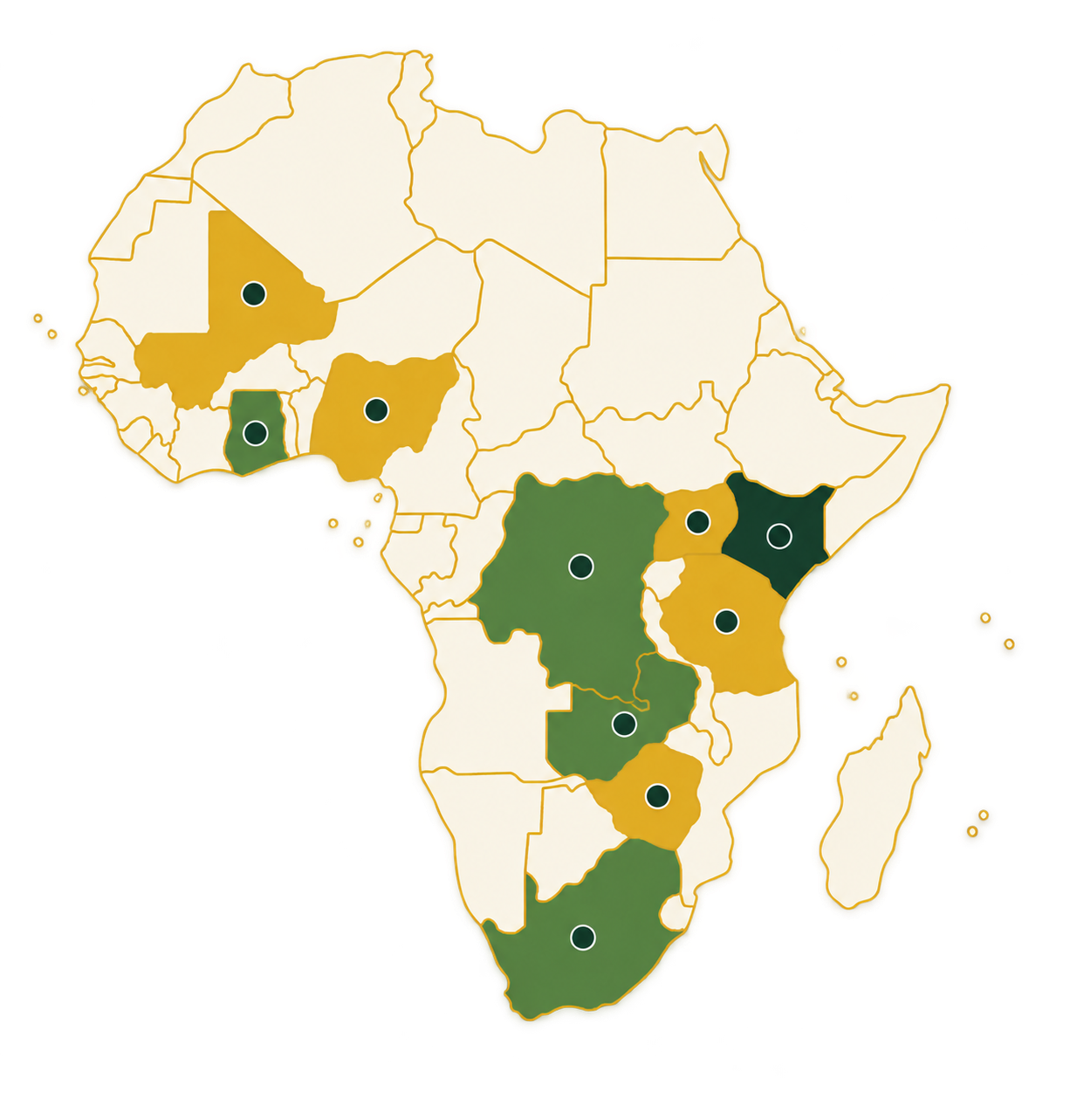 Illustrated map showing AcroTerra's presence across 10 African countries