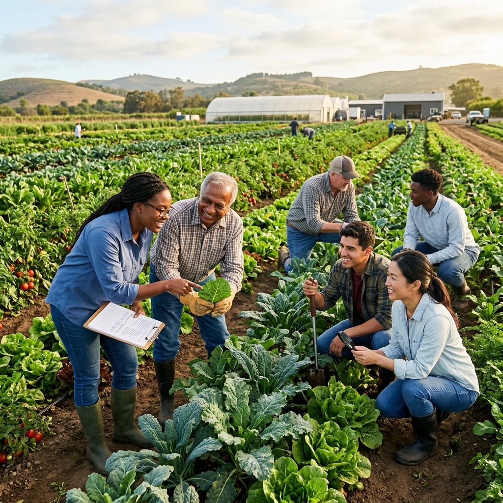 Farmers collaborating in a green field